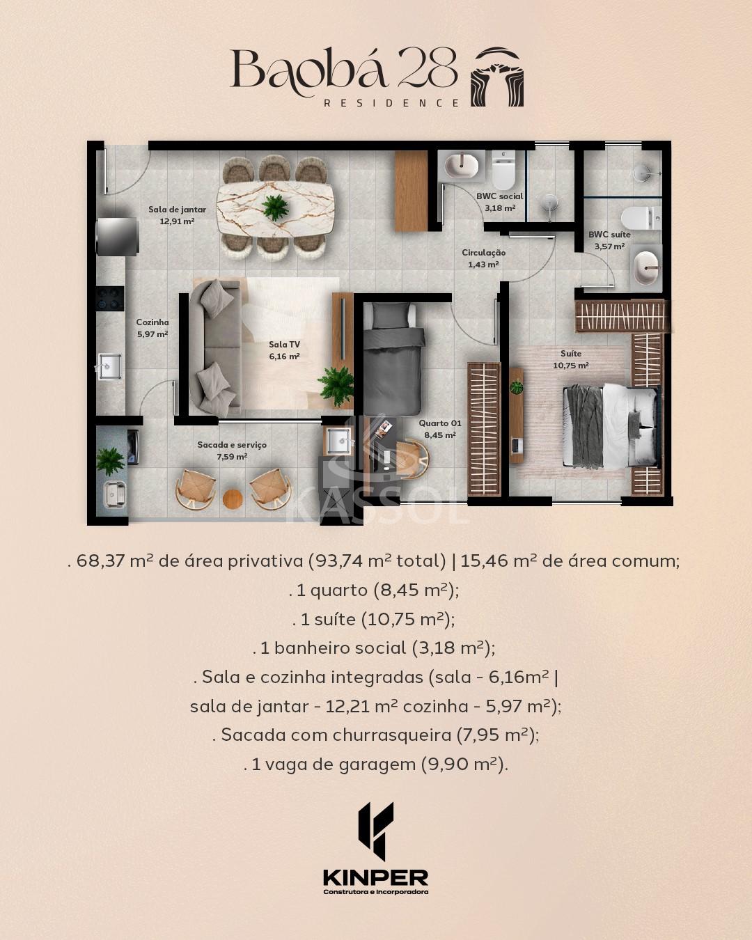 Apartamento no Alto Alegre, Cascavel -PR, com 1 sute e 1 quarto.