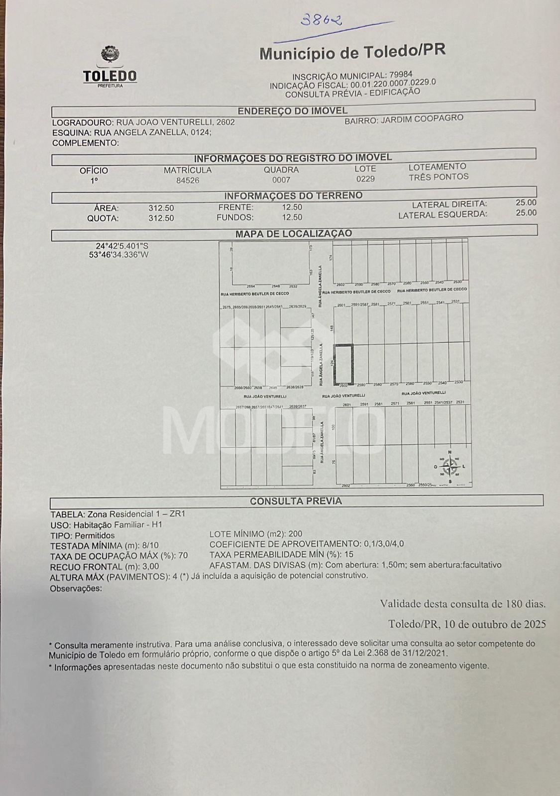 TERRENO DE ESQUINA NO JARDIM COOPAGRO COM 312,5M   12,5x25,00 